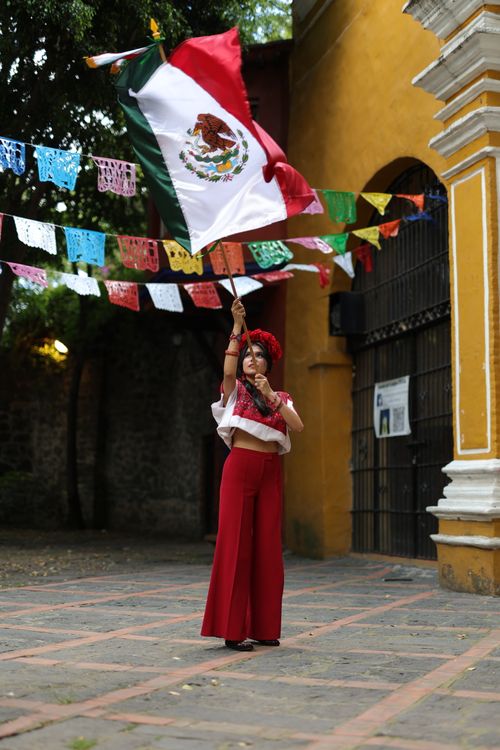 Free A young woman celebrates Mexican independence in traditional attire, waving a flag outdoors. Stock Photo