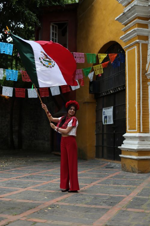 Free Woman waving Mexican flag during cultural celebration outdoors. Stock Photo