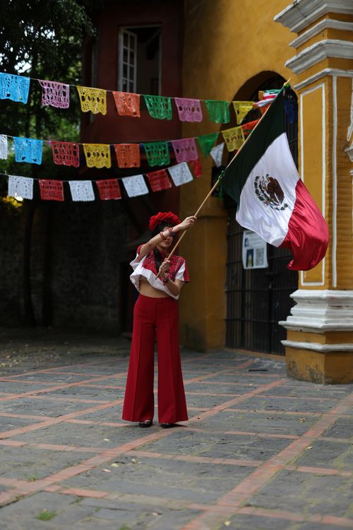 Free Woman in traditional outfit waving a Mexican flag outdoors during a festival. Stock Photo