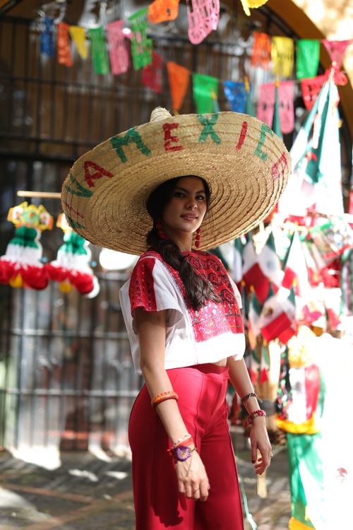 Free Woman in traditional Mexican attire with sombrero celebrating Independence Day. Stock Photo