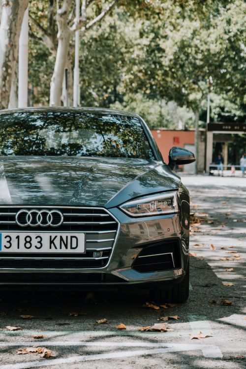 Free Close-up of a gray Audi car parked on a city street in Barcelona, Spain. Stock Photo