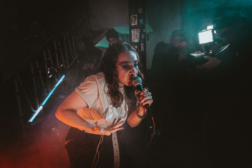 Free Engaging performer singing passionately into a microphone during an energetic nightclub concert. Stock Photo