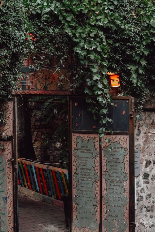 Free A rustic urban gate adorned with vibrant ivy and colorful designs offers a glimpse into a quaint city street. Stock Photo
