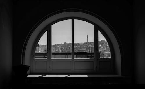 Istanbul Buildings behind Windows in Black and White