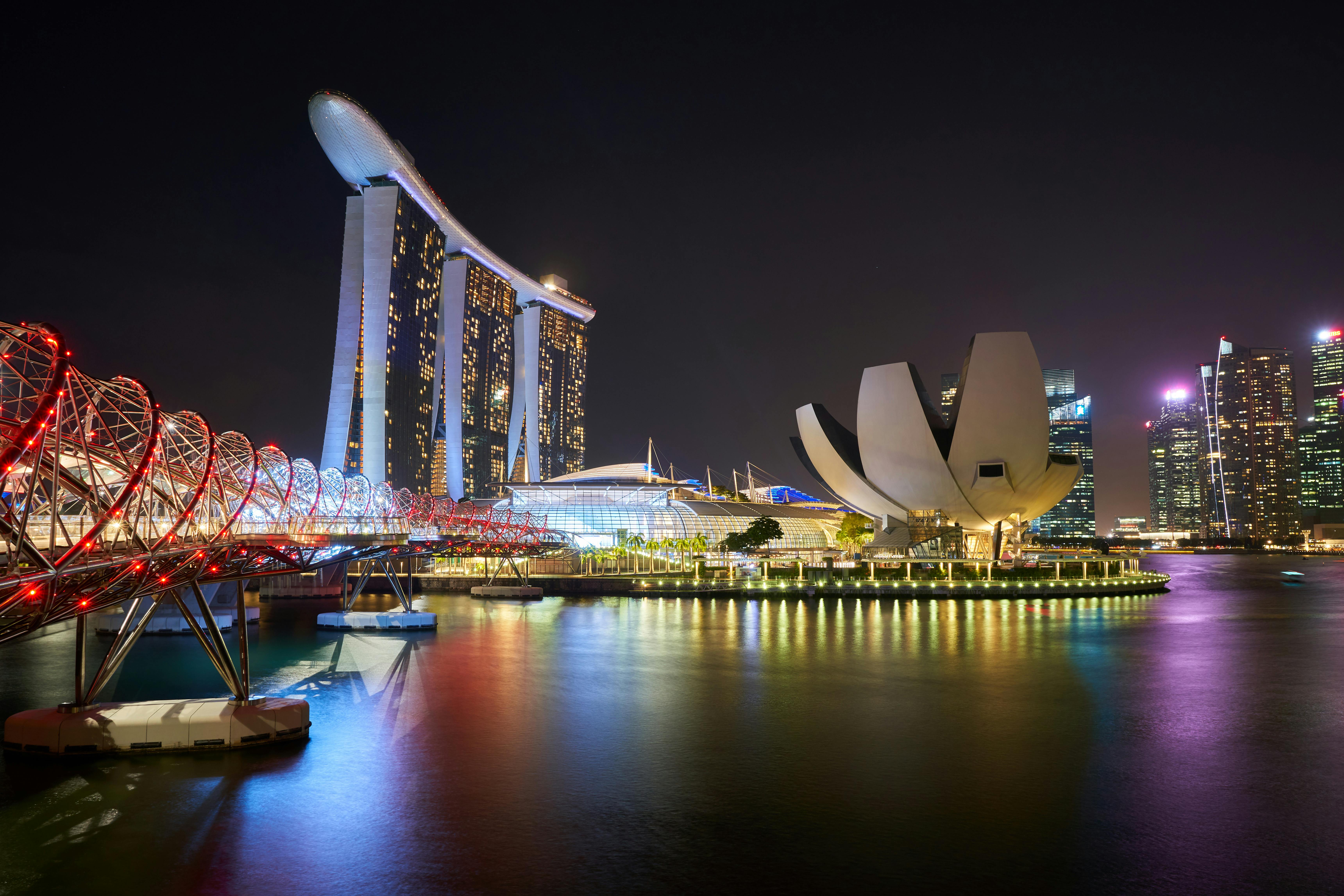 Download wallpapers Singapore, 4k, sunset, skyscrapers, Marina Bay,  evening, HDR, cityscapes, Asia, modern buildings for desktop free. Pictures  for desktop free