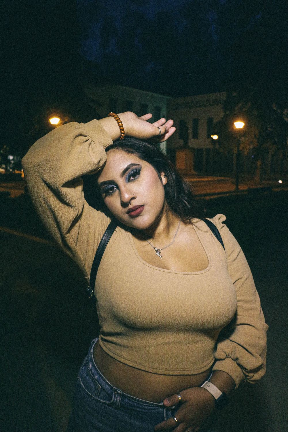Woman Standing on Street at Night Posing for Picture · Free Stock Photo