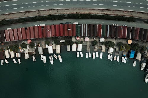 Boats on Seashore in Birds Eye View