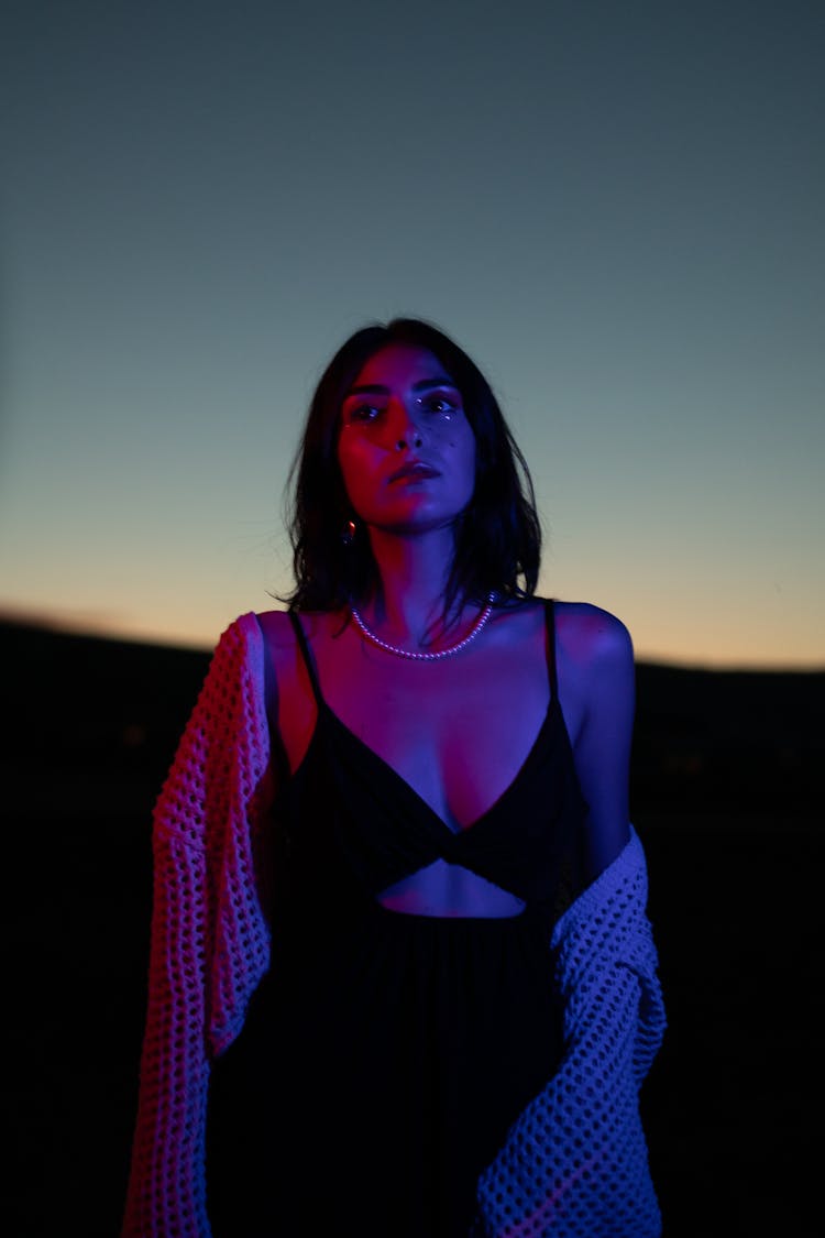 Beautiful Woman In Black Top Posing At Dusk