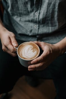 Close-up of hands holding a coffee cup featuring beautiful latte art.
