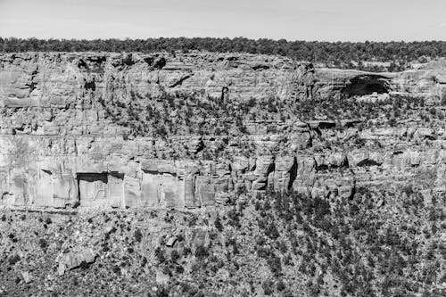 Black and White Photo of a Cliff in a Canyon 