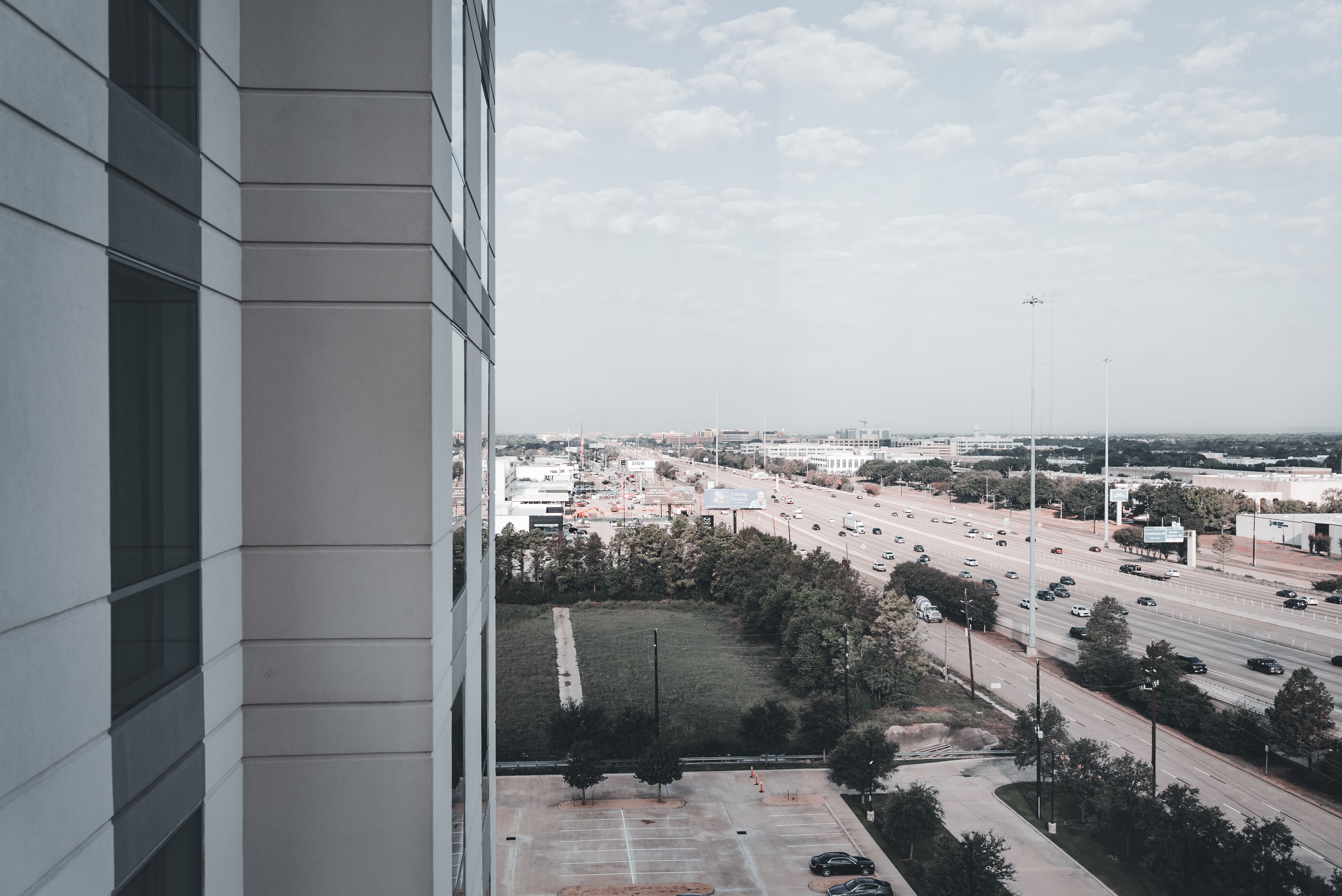 Hotel window view towards a large hospital campus on Olentangy River Road, Columbus