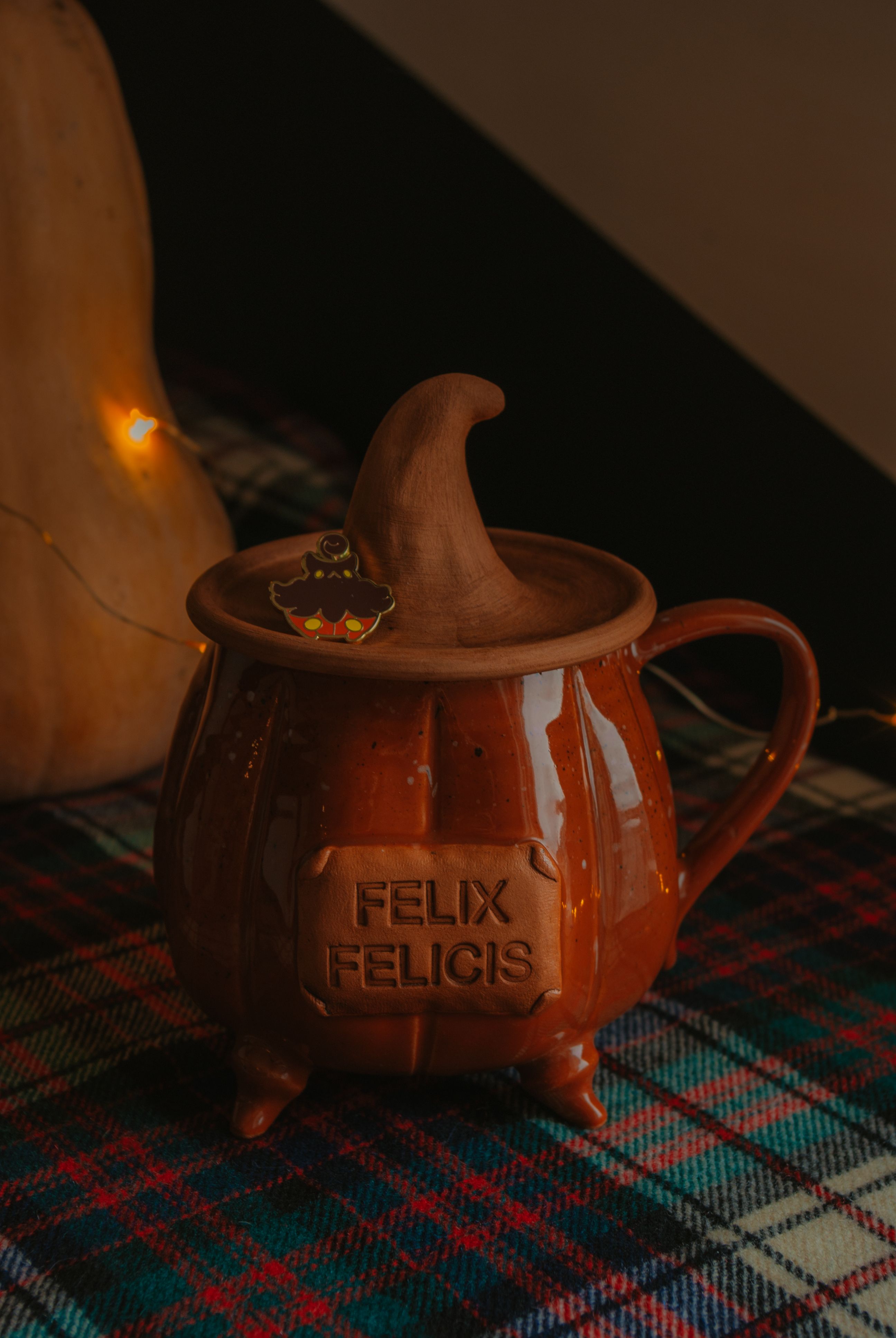 Warm autumn-themed mug with Felix Felicis text, evoking magic and mystery.