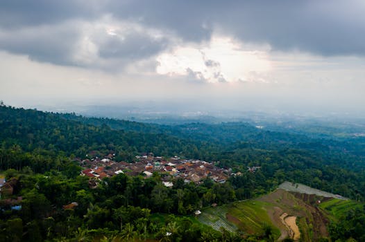 Stunning aerial shot of lush green landscapes and terracotta rooftops in Majasari, Banten, Indonesia.