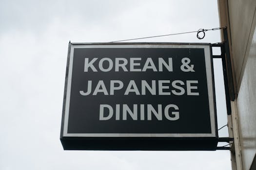Outdoor sign displaying Korean and Japanese dining options, providing clear guidance.