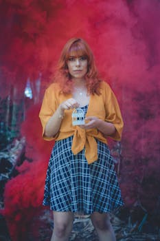 一位红发时尚的年轻女子，在户外充满活力的红色烟雾中提着鸟笼