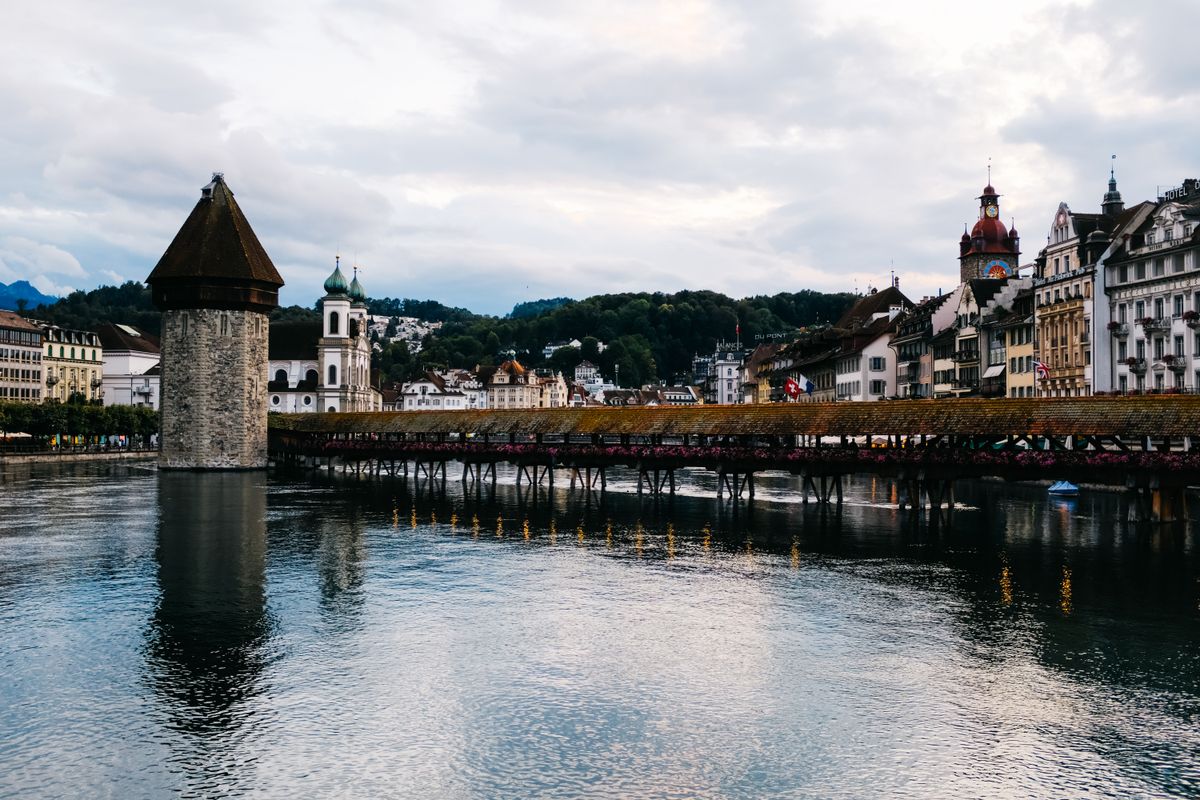 The Chapel Bridge and octagonal Water Tower over the Reuss river in Lucerne, Switzerland