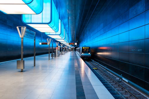 View of a Subway Train Approaching the HafenCity Universitat Station in Hamburg, Germany 