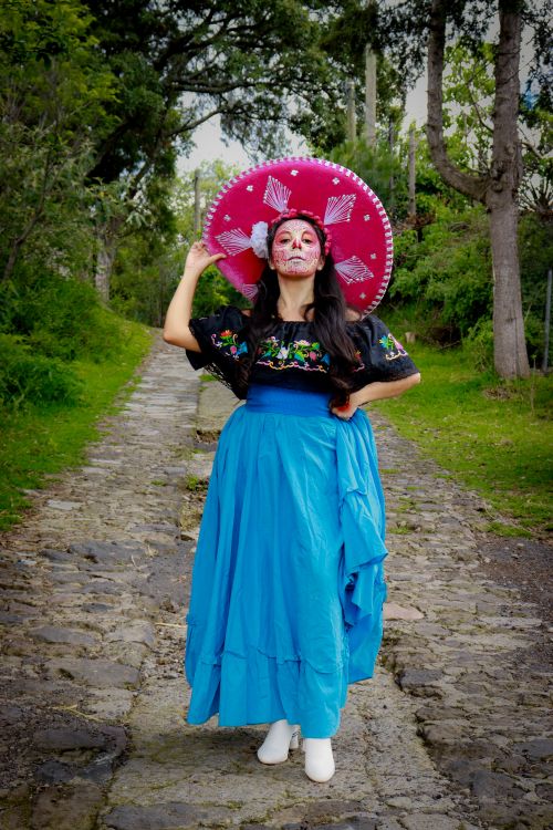 Free Woman in traditional Day of the Dead attire with face paint posing outdoors on a rural path. Stock Photo
