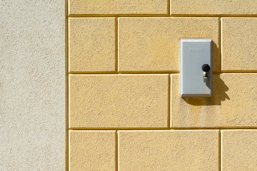 A locked metal electrical box on a textured yellow brick wall in sunlight.