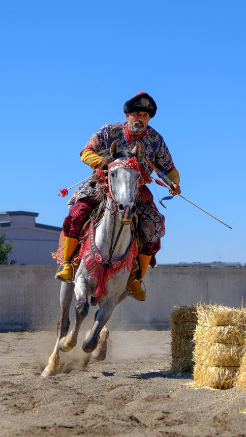 Free A man in traditional attire performs equestrian tricks outdoors on a bright summer day. Stock Photo