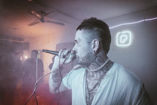 Energetic performance by a tattooed singer with a microphone in a smoky indoor venue.