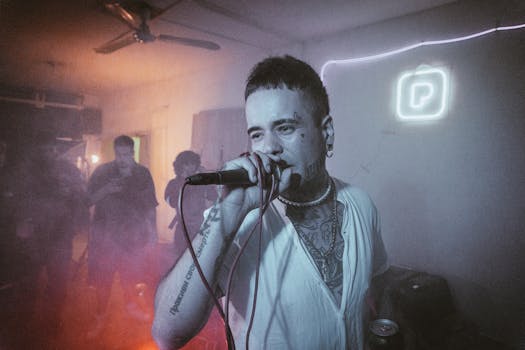 Rock musician passionately singing into a microphone indoors with a misty ambiance.