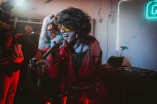 Free Singer in vibrant costume performing energetically on stage in a lively nightclub setting. Stock Photo