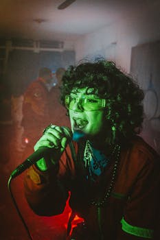 A passionate performer sings into a microphone under colorful stage lights during an indoor concert.