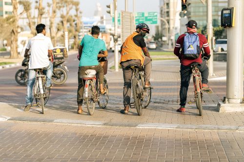 Free A group of cyclists waiting at a city crosswalk under sunlight, creating an urban scene. Stock Photo
