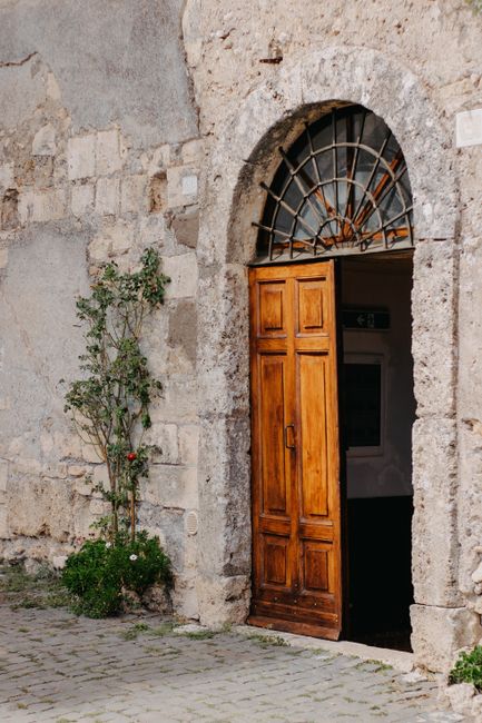 A classic wooden door set in an ornate stone archway, surrounded by climbing plants.