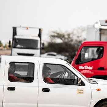 Captured scene of city traffic, highlighting cars and trucks in motion on a busy road.