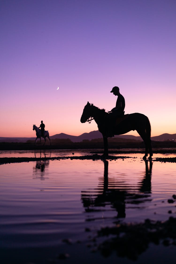 Silhouettes Of Men On Horses In The Evening