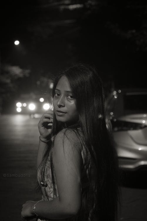 Portrait of Young Woman on a Road in Black and White