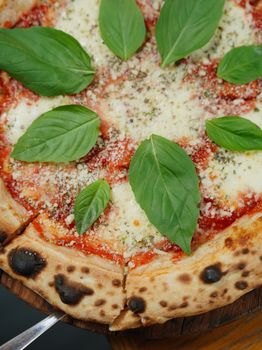 Close-up of a classic Margherita pizza topped with fresh basil leaves on a wooden board.