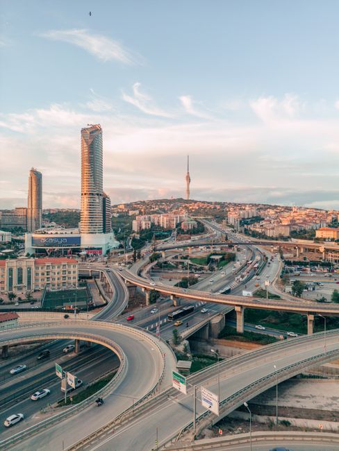 Aerial view of urban Istanbul, showcasing roads and buildings in Kadıköy with a sunset glow.