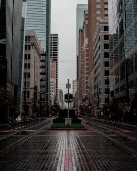 穆迪的城市景观中，高楼大厦与潮湿的街道共同捕捉了一个安静的市中心时刻