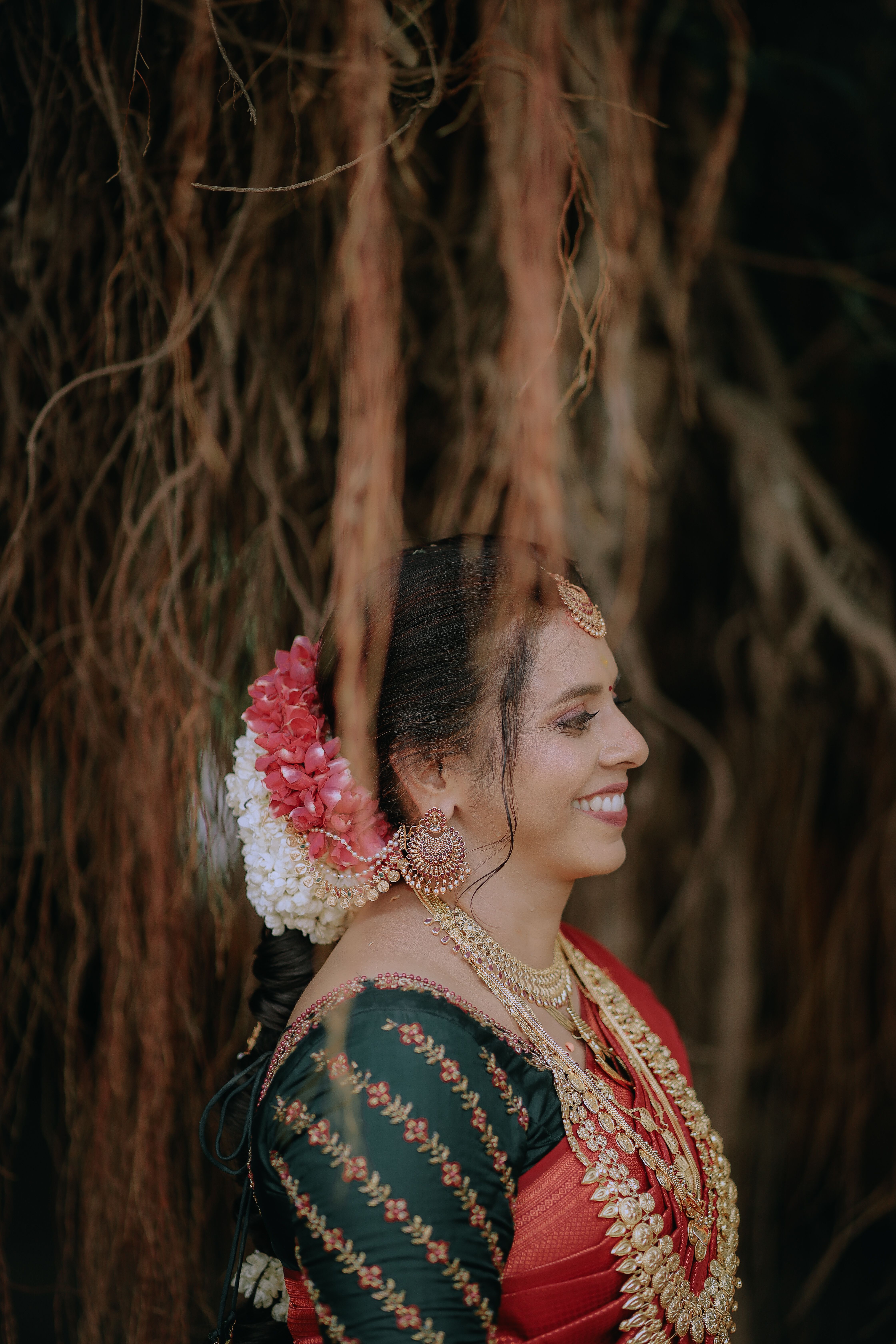 Brunette Bride in Traditional Saree Posing under a Tree · Free Stock Photo