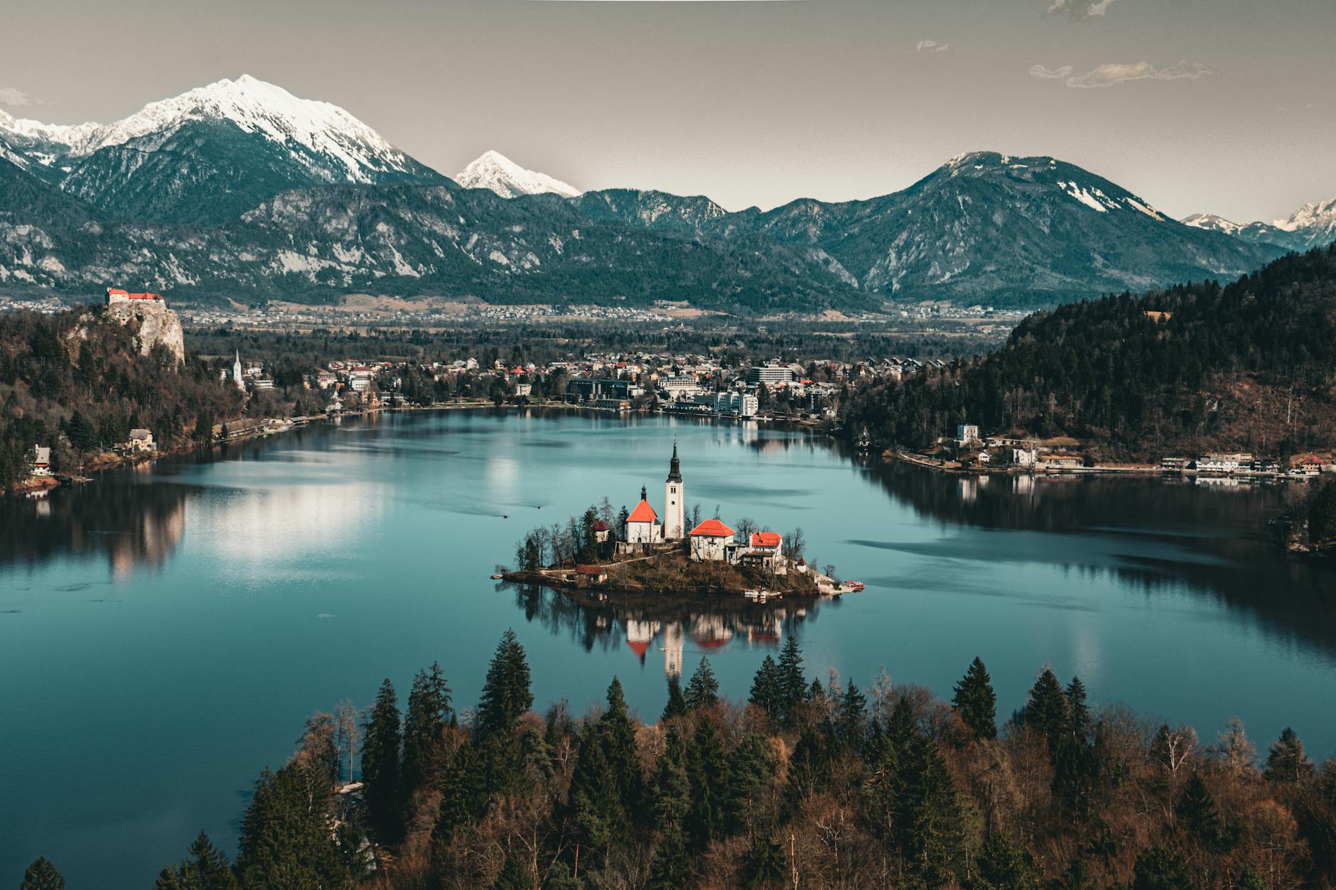 Lake and Town of Bled Surrounded by the Alps