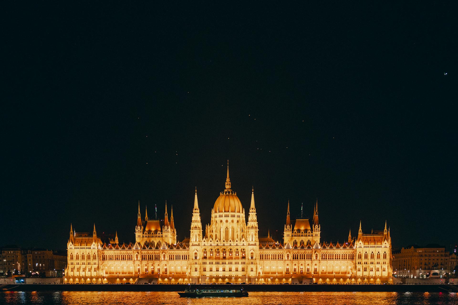 Hungarian Parliament Building Illuminated at Night