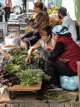 A lively farmers market scene featuring vendors with fresh vegetables and fruits.
