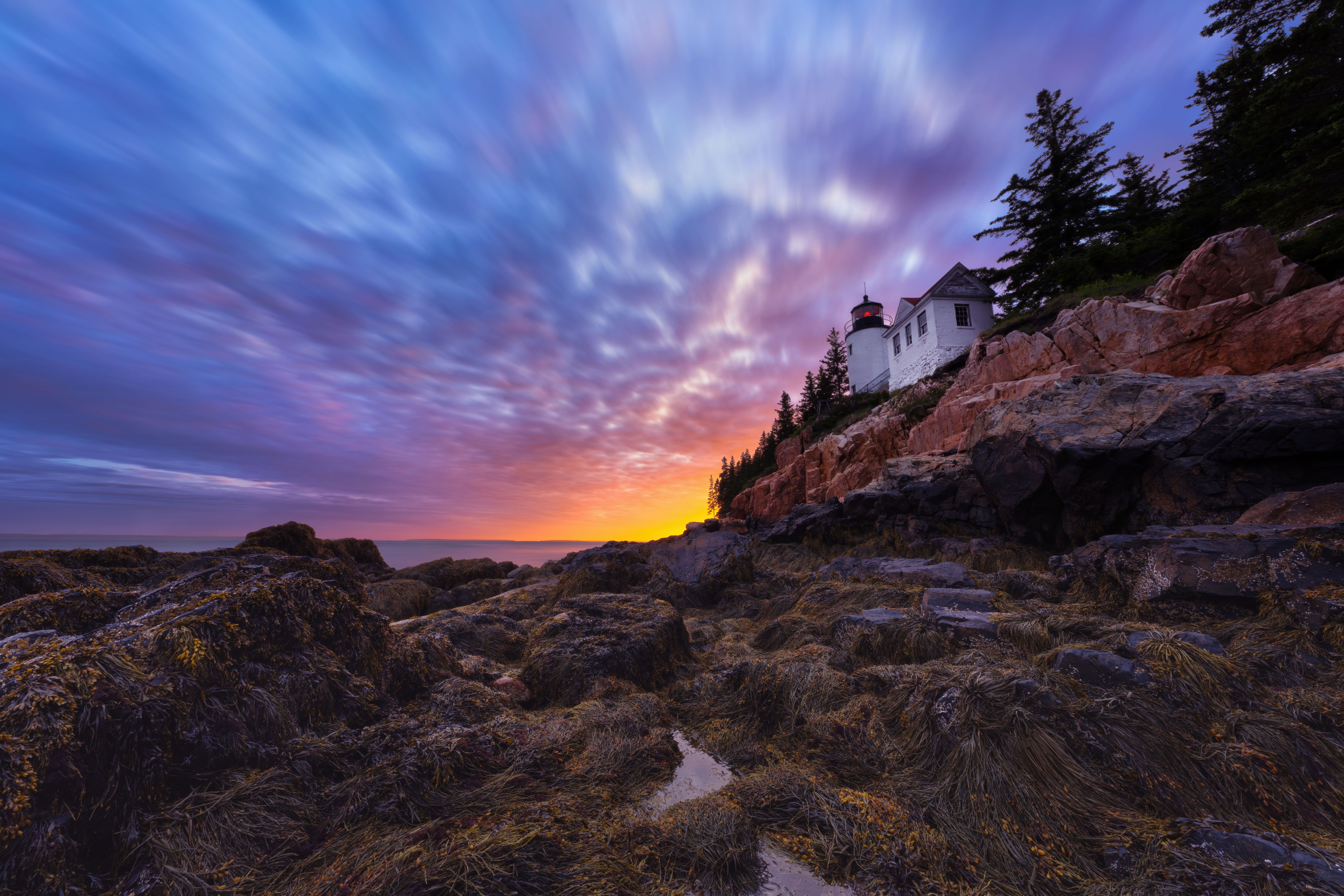Breathtaking sunset view at Bass Harbor Lighthouse in Southwest Harbor, Maine.