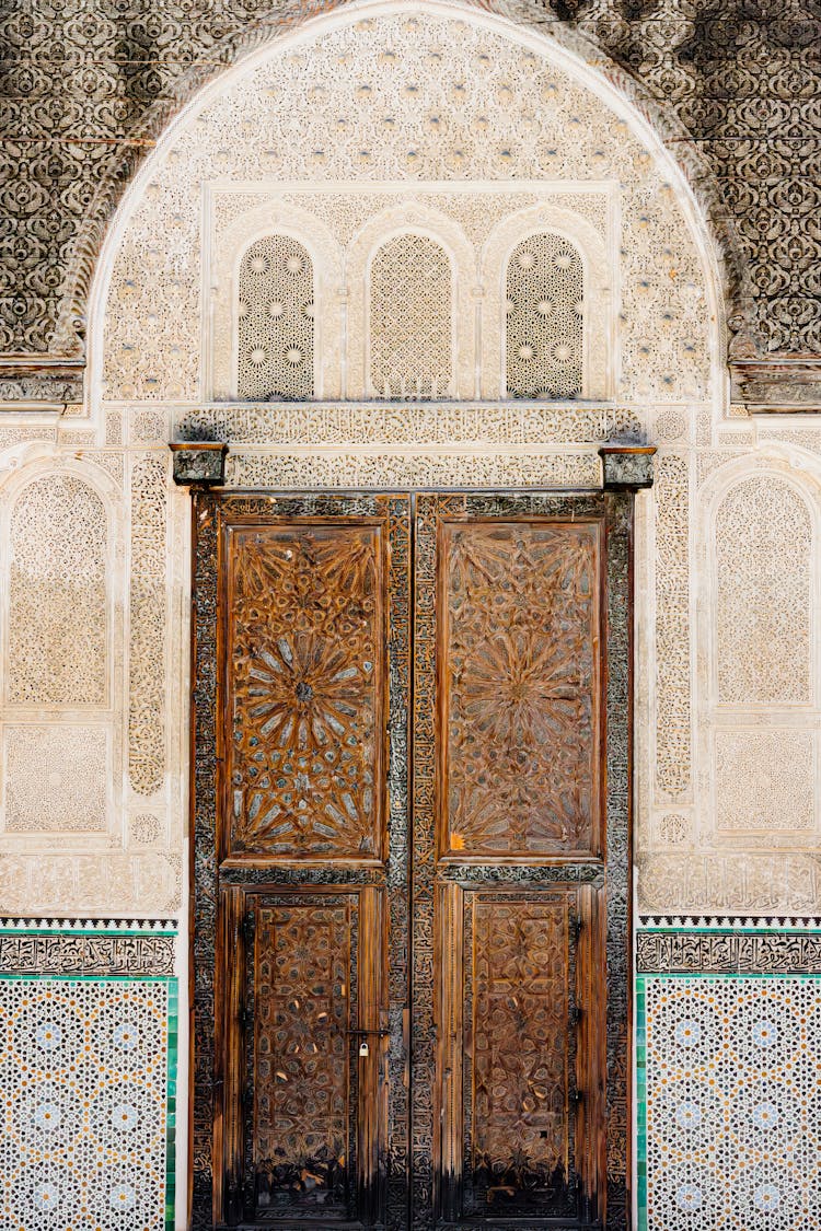 Old Ornamented Wooden Door At Bou Inania Madrasa In Fès, Morocco