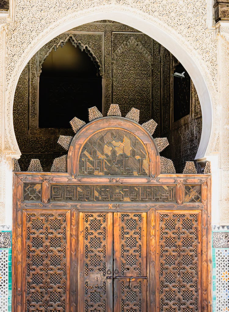 Ornate Wooden Door To Bou Inania Madrasa In Fes, Morocco