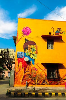 Colorful street art mural featuring a monkey and abstract characters on an urban building exterior.