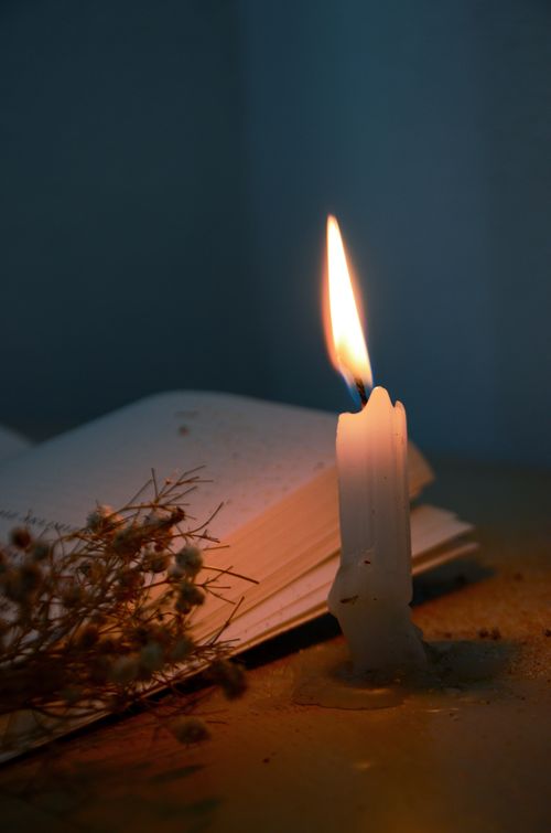 Free A serene still life featuring a lit candle beside an open book and dried flowers. Stock Photo