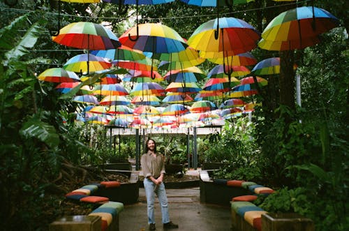 Man Standing under Colorful Umbrellas 