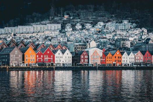 Vibrant view of Bryggen houses in Bergen along the water, showcasing Norwegian architecture.