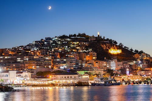 Illumianted Kusadasi Town on Sea Shore in Turkey