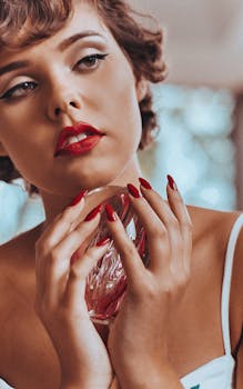 优雅的女人涂着红色唇膏和指甲油，手持香水瓶，尽显魅力