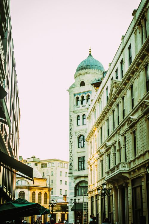 Free View of Legacy Ottoman Hotel amidst Istanbul's iconic urban architecture. Stock Photo